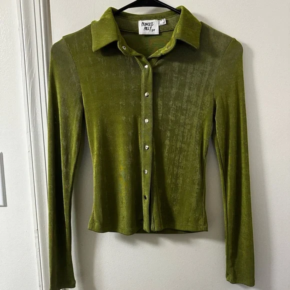Princess Polly Green Long Sleeve Button-Up Collared Top - Size 2 - Picture 2 of 7